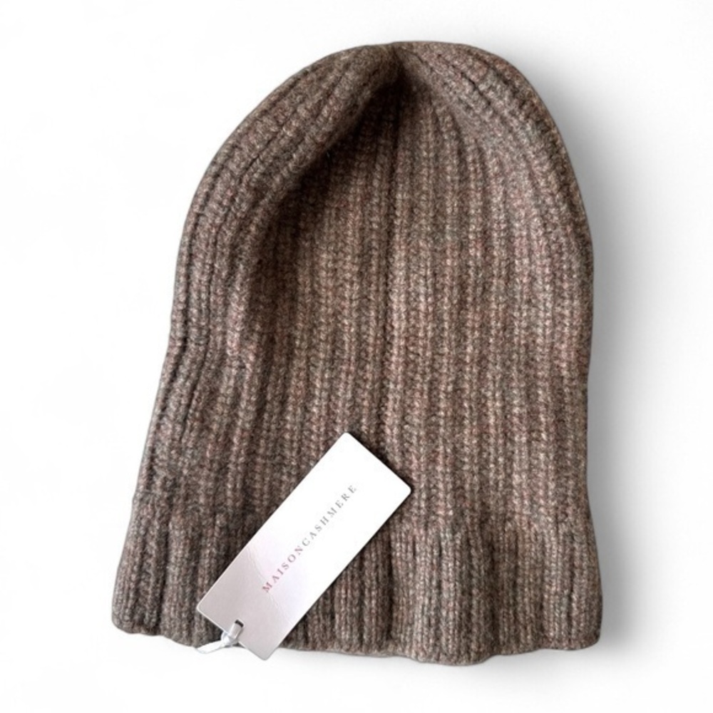 Maison Cashmere Ribbed Fisherman Beanie Brown Gray Knit Winter Hat Unisex NWT⁠